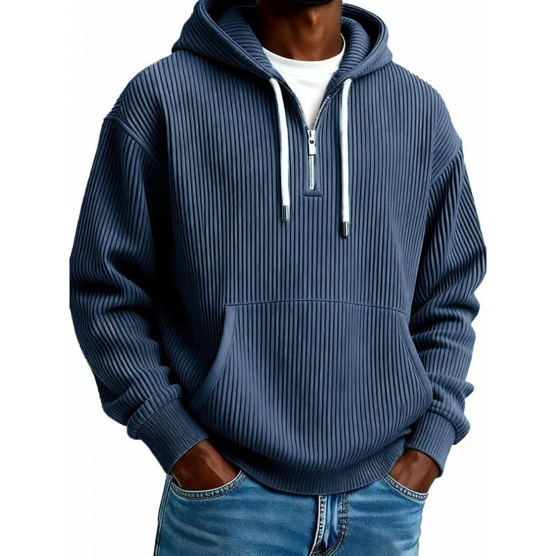 Zip-Up Hoodie Ribbed High Collar Adjustable Hood & Kangaroo Pocket