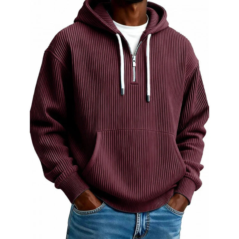 Zip-Up Hoodie Ribbed High Collar Adjustable Hood & Kangaroo Pocket