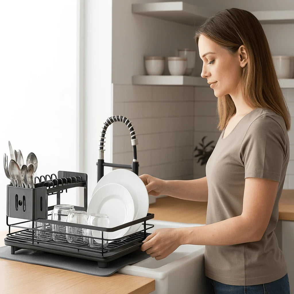 Dish Drying Rack Foldable Stainless Steel With Utensil Holder