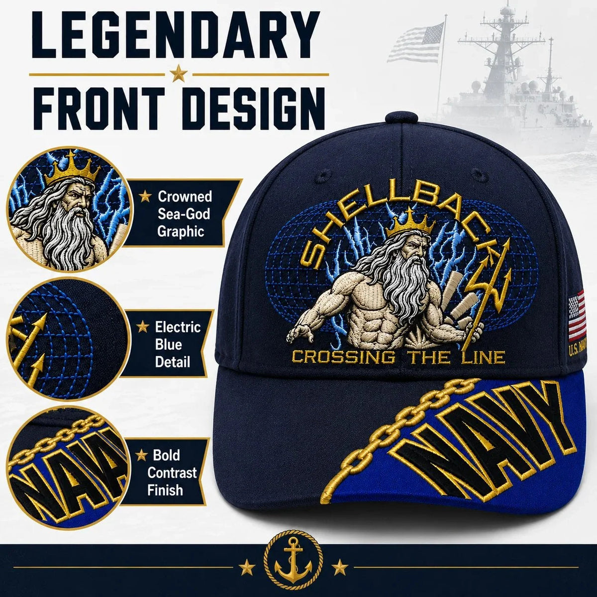 Baseball Cap Navy Adjustable Gold Chain Brim