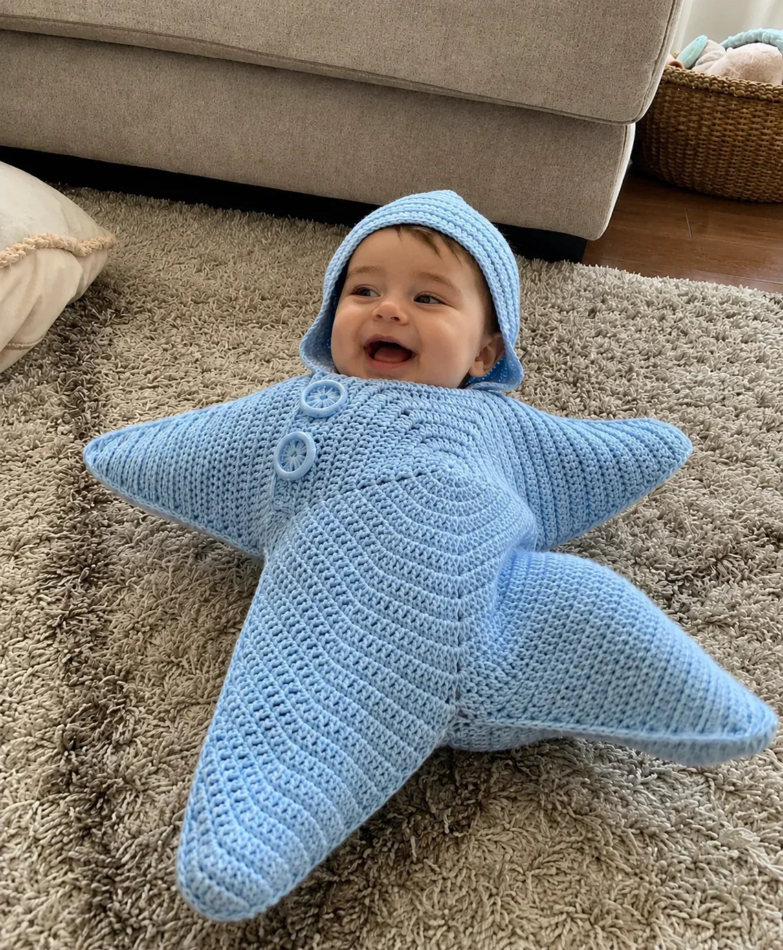 Baby Blanket Hooded Star Shape Crocheted Cotton With Button Closure