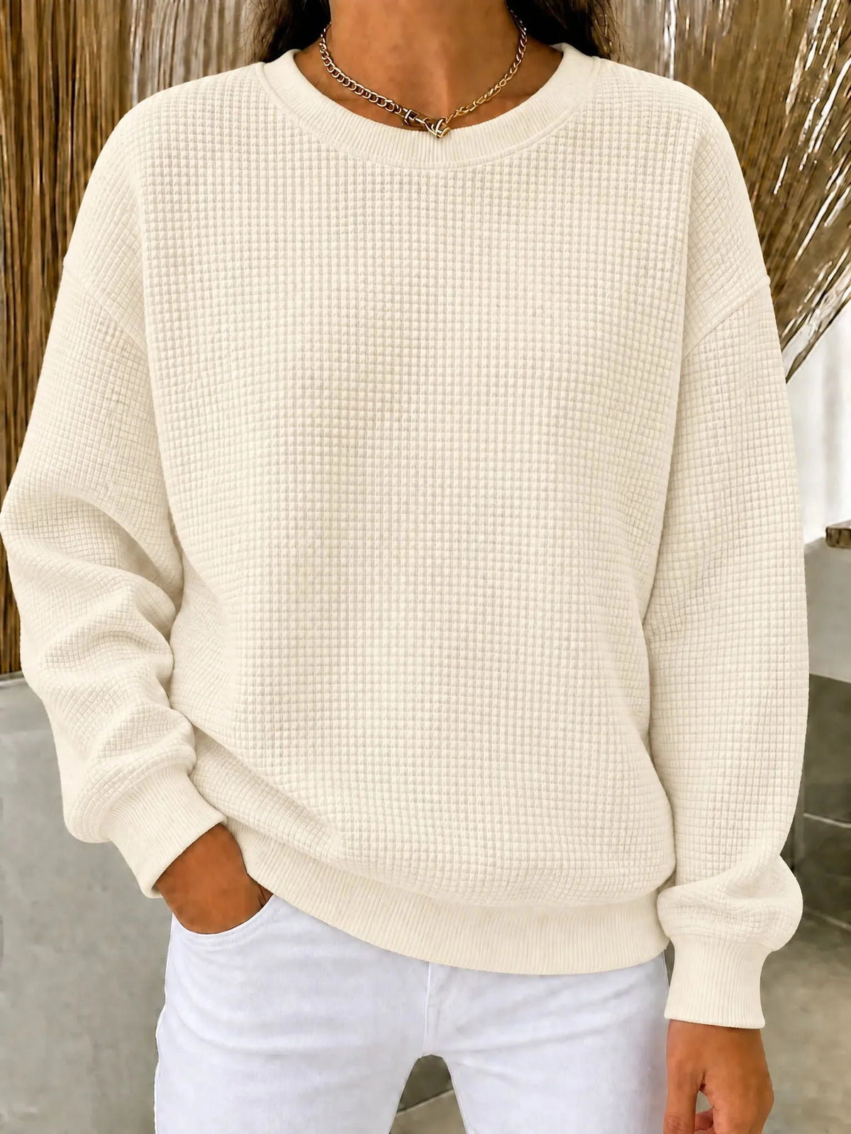 Women's Sweatshirt Waffle Knit Quarter-Zip Relaxed Fit