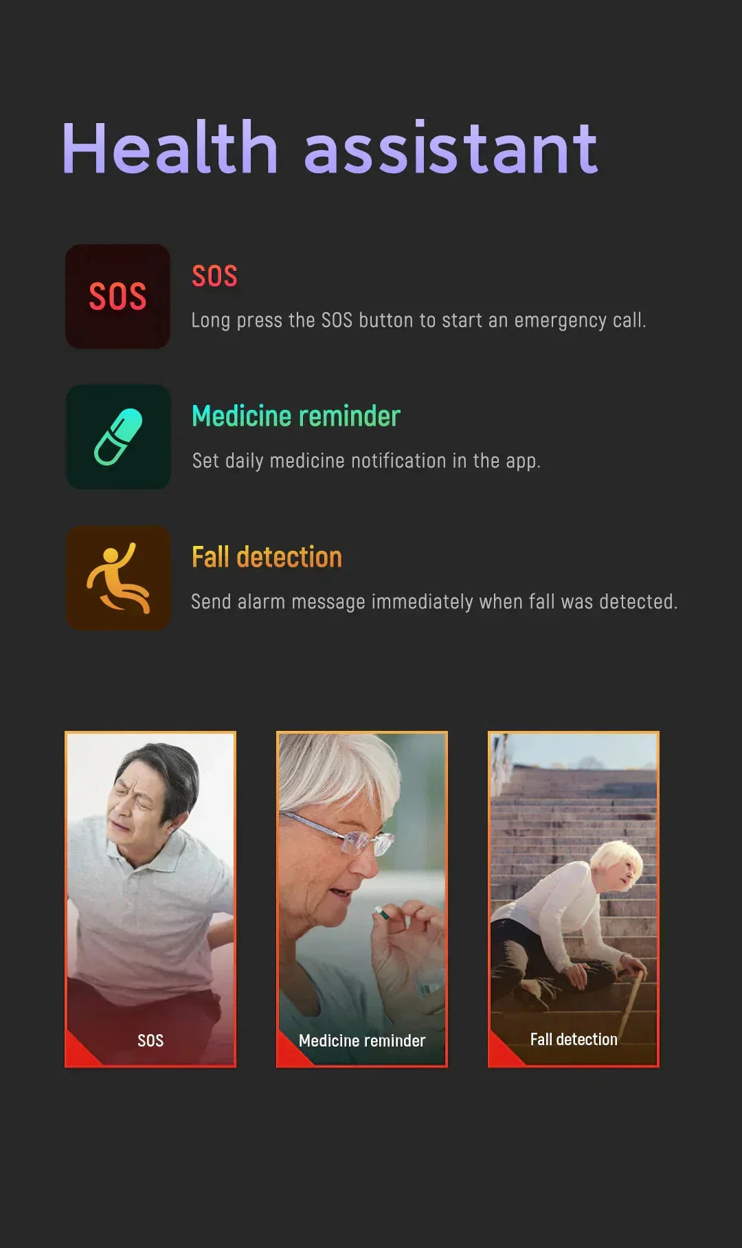 Senior Smartwatch Automatic Fall Detection GPS & SOS Alerts IP67 Water-Resistant