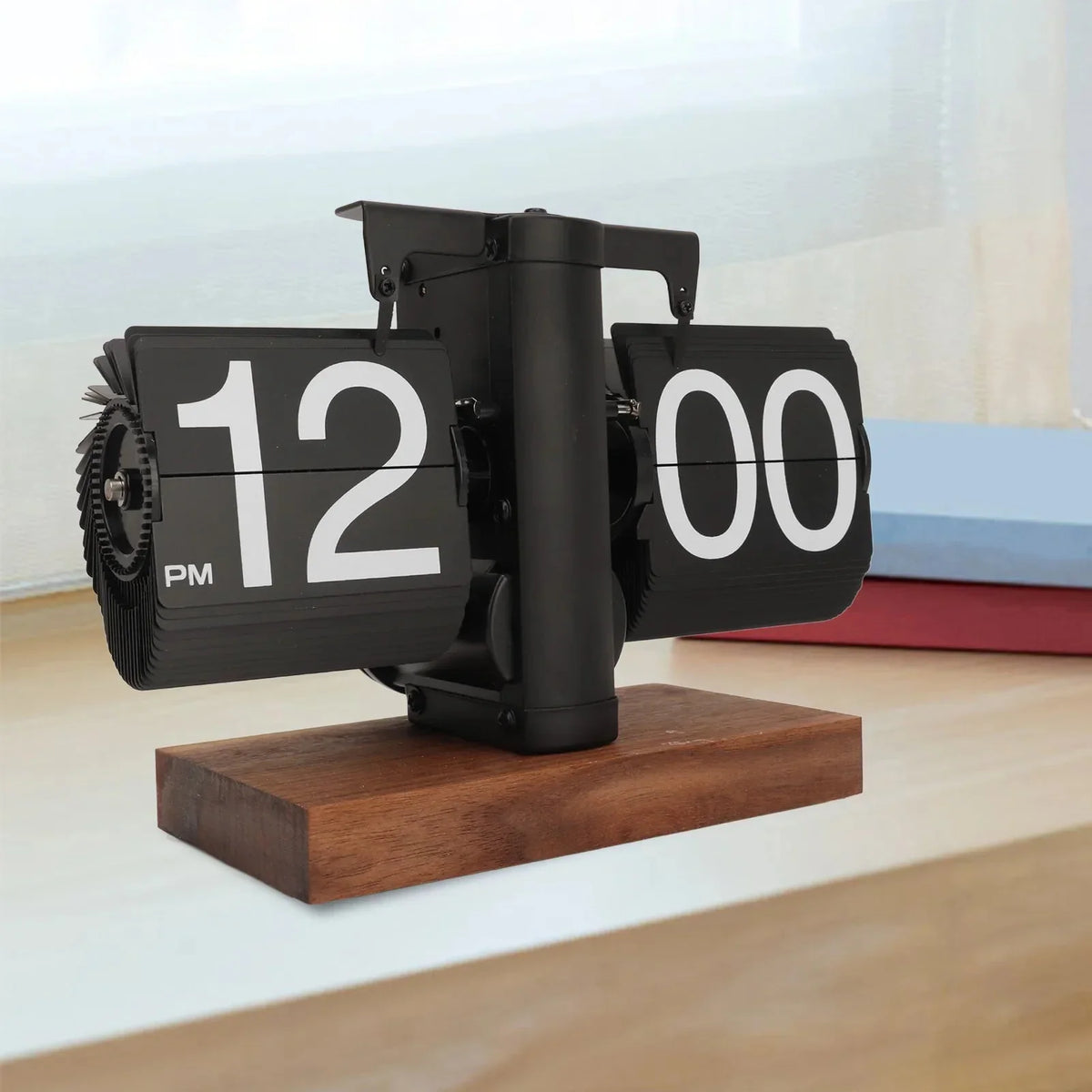 Flip Clock Mechanical Display Large Digits Black Walnut Frame