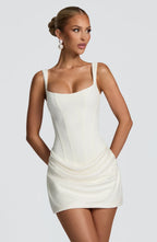Mini Dress Ruched Bodice Square Neck Lace-Up Back