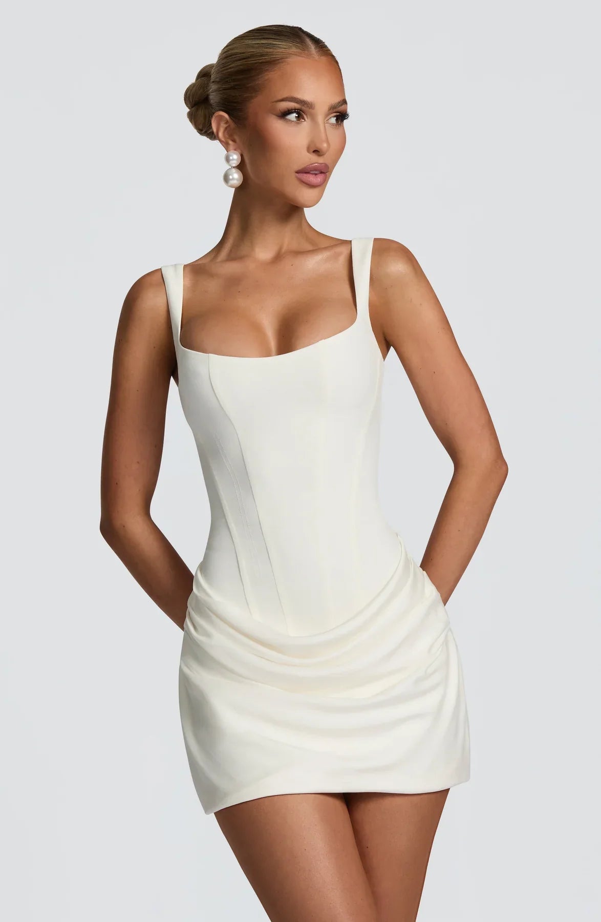 Mini Dress Ruched Bodice Square Neck Lace-Up Back