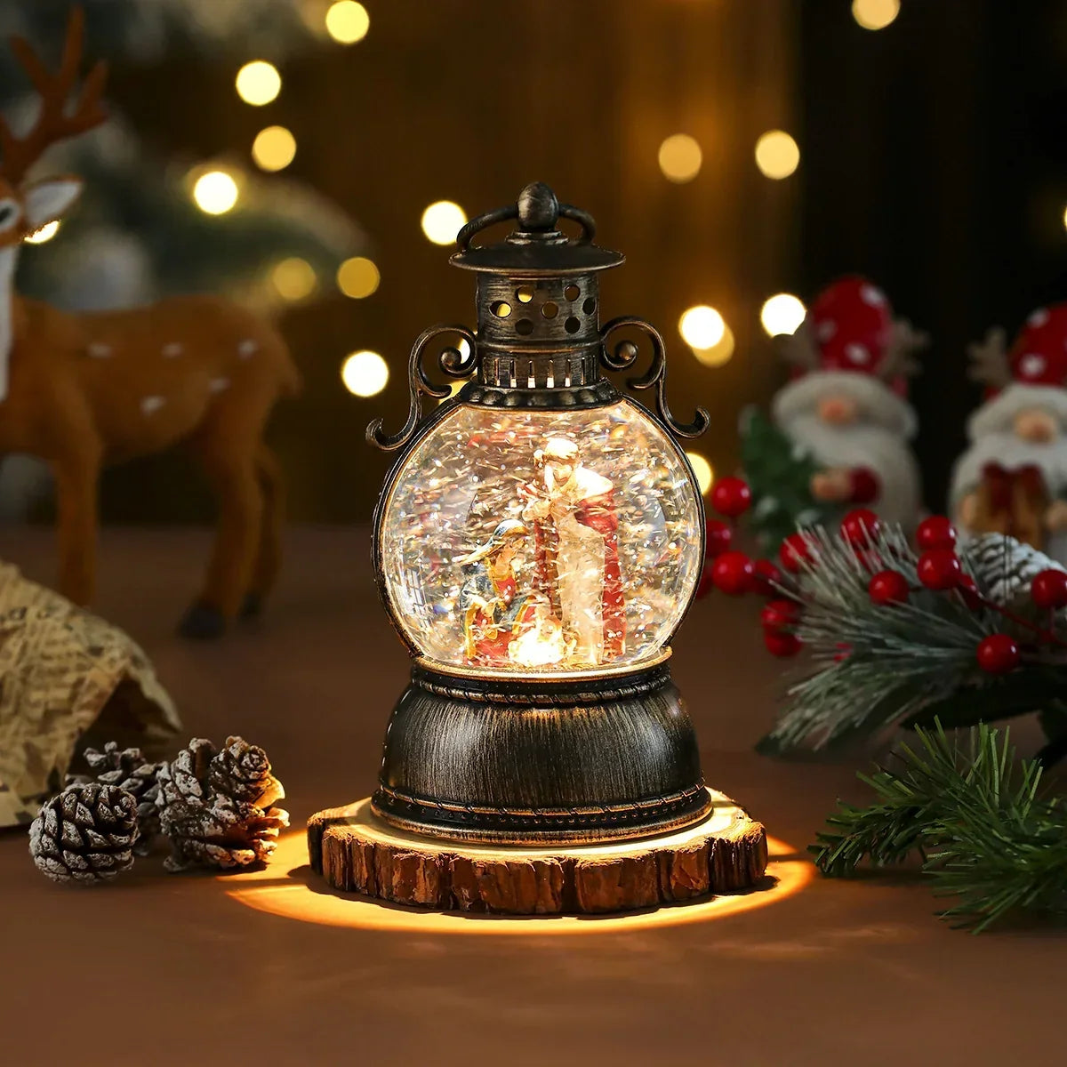 Christmas Lantern Glass Dome Winter Scene Battery-Operated LED Light