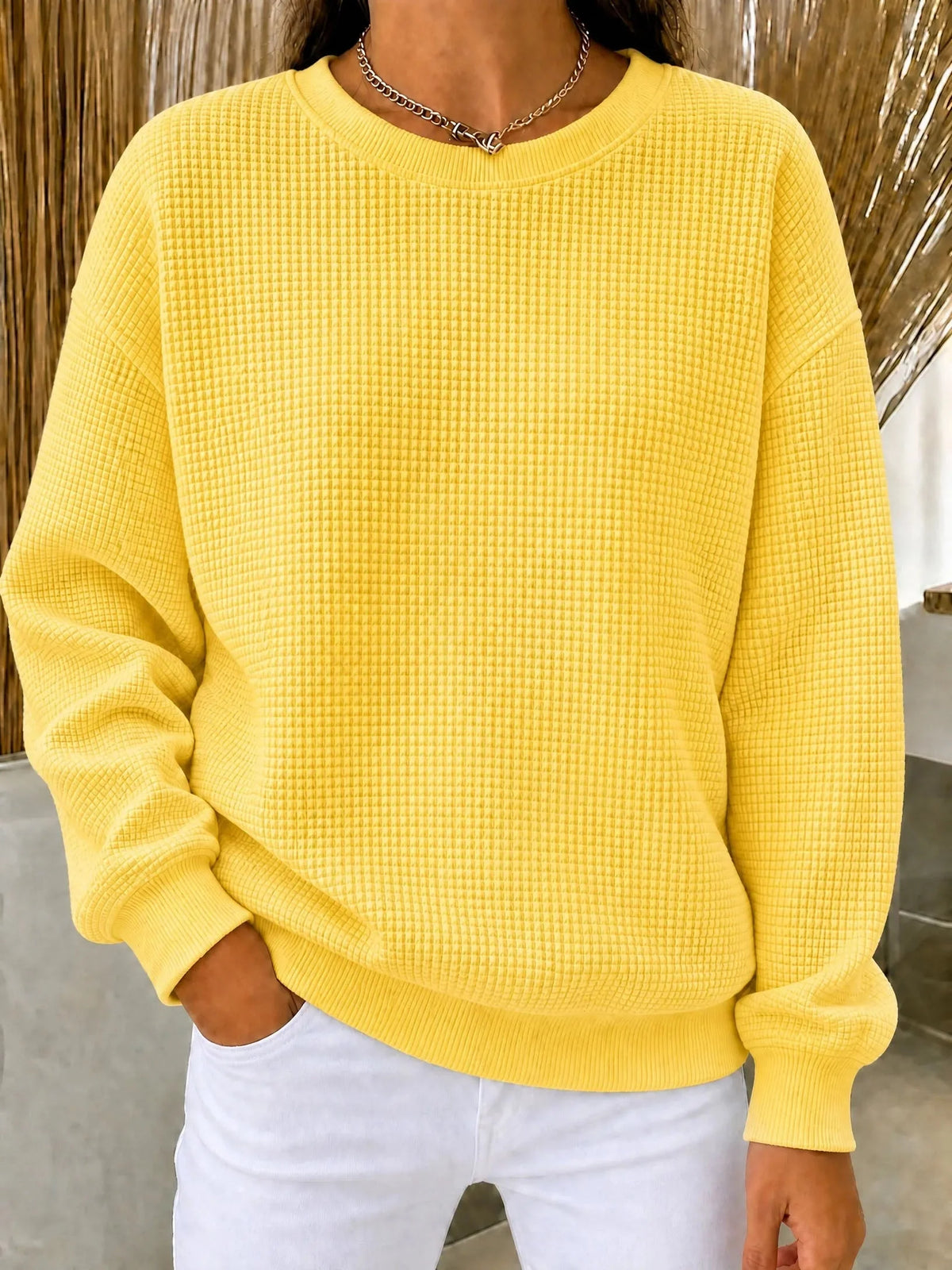Women's Sweatshirt Waffle Knit Quarter-Zip Relaxed Fit