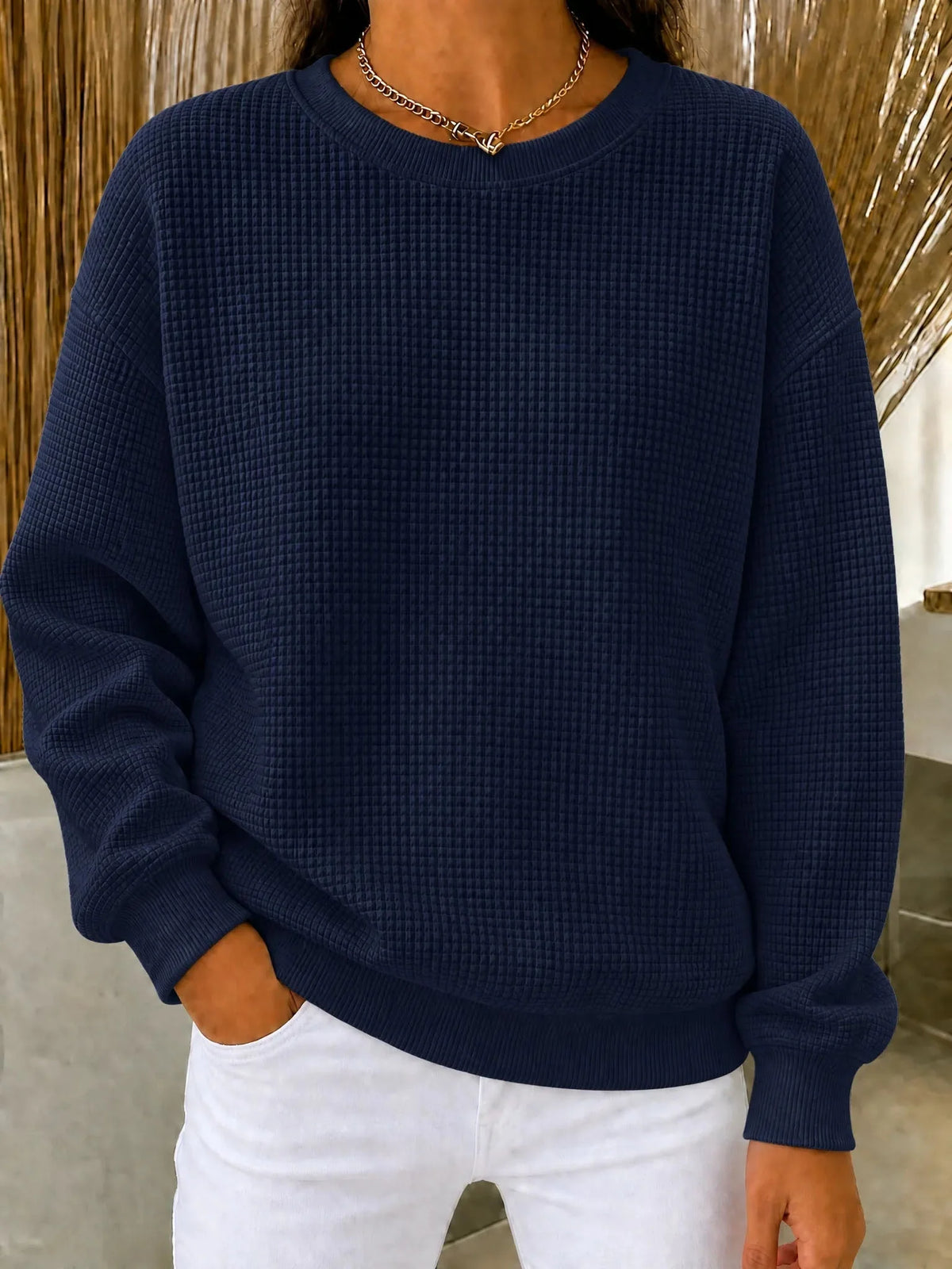 Women's Sweatshirt Waffle Knit Quarter-Zip Relaxed Fit