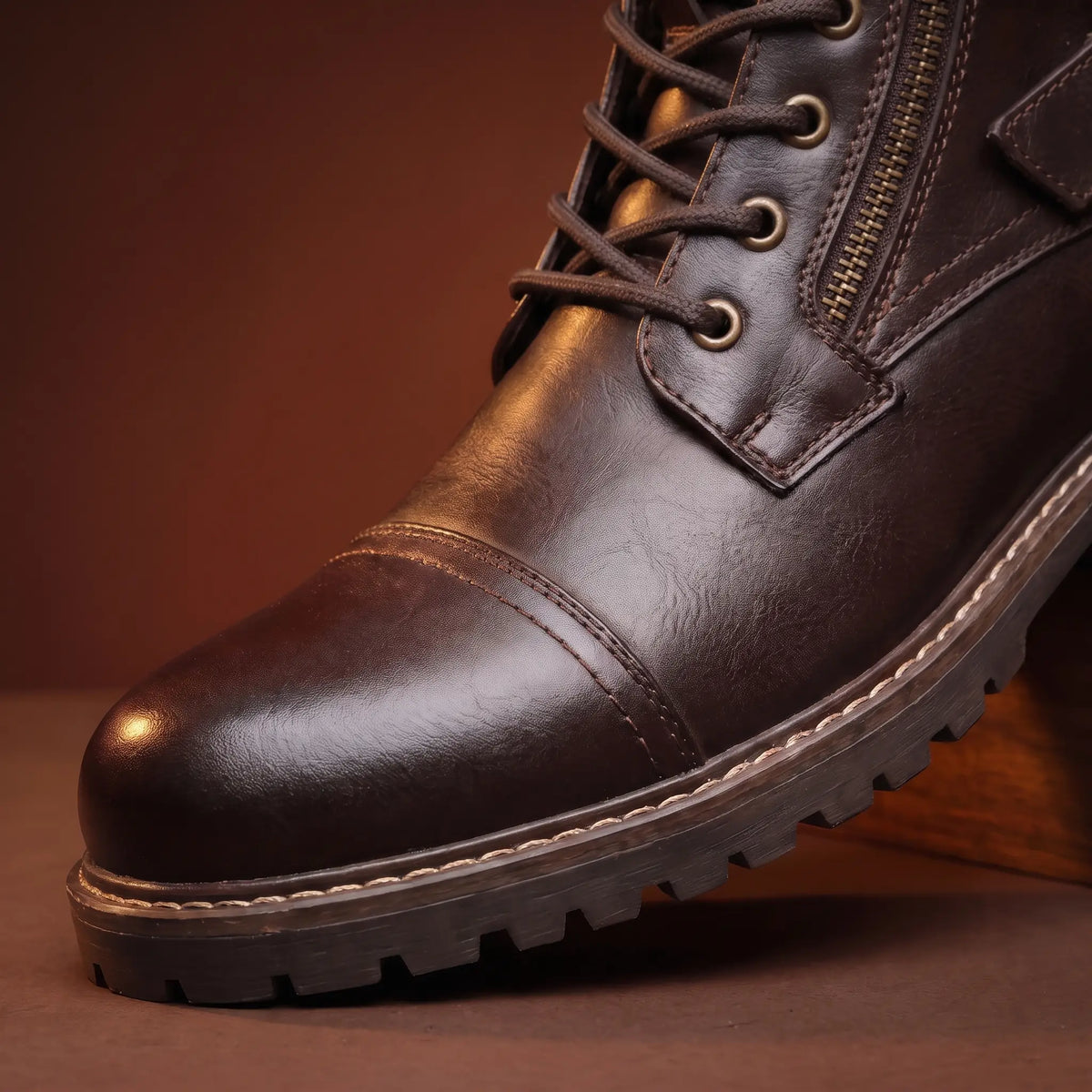 Biker Boots Side Zip Lace-Up Deep Tread Sole