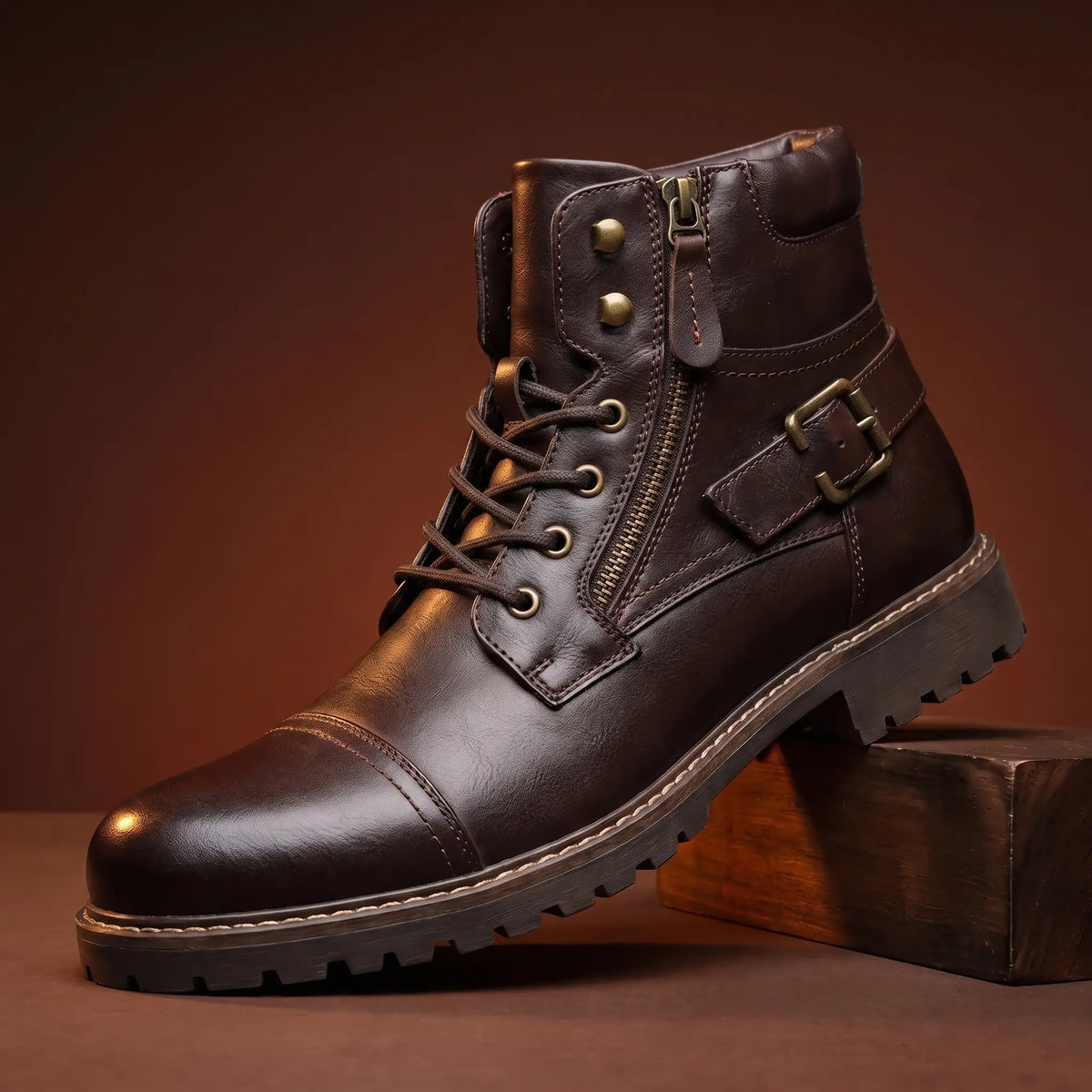Biker Boots Side Zip Lace-Up Deep Tread Sole